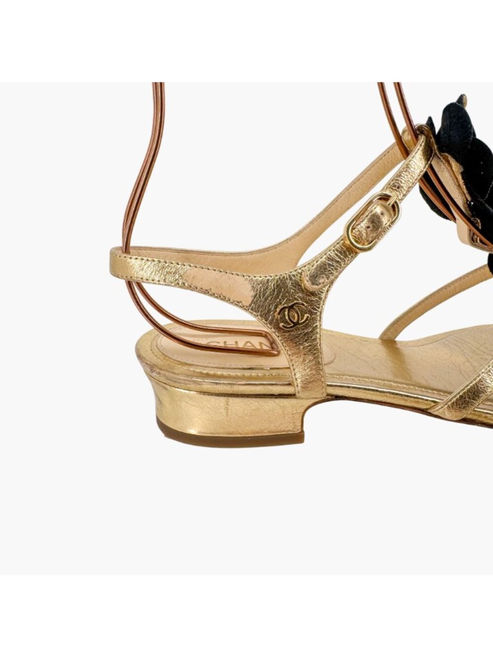Chanel Camellia Pearl T-Strap Sandals Gold Leather Size 37C US 6–6.5 Women Flat - Picture 10 of 15